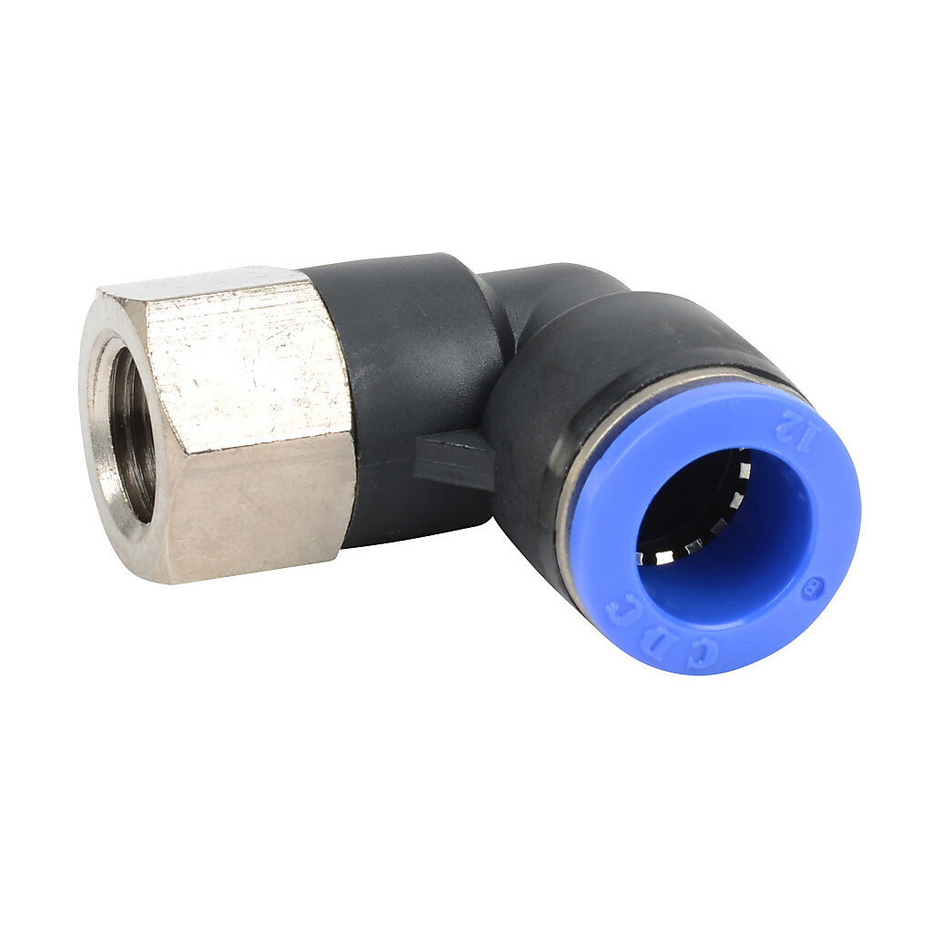 FE12M-14R - NITRA pneumatic push-to-connect fitting, elbow, rotating, thermoplastic (PBT) body, nickel-plated brass threads, (1) R1/4 female BSPT to (1) 12mm push-to-connect. Package of 5.