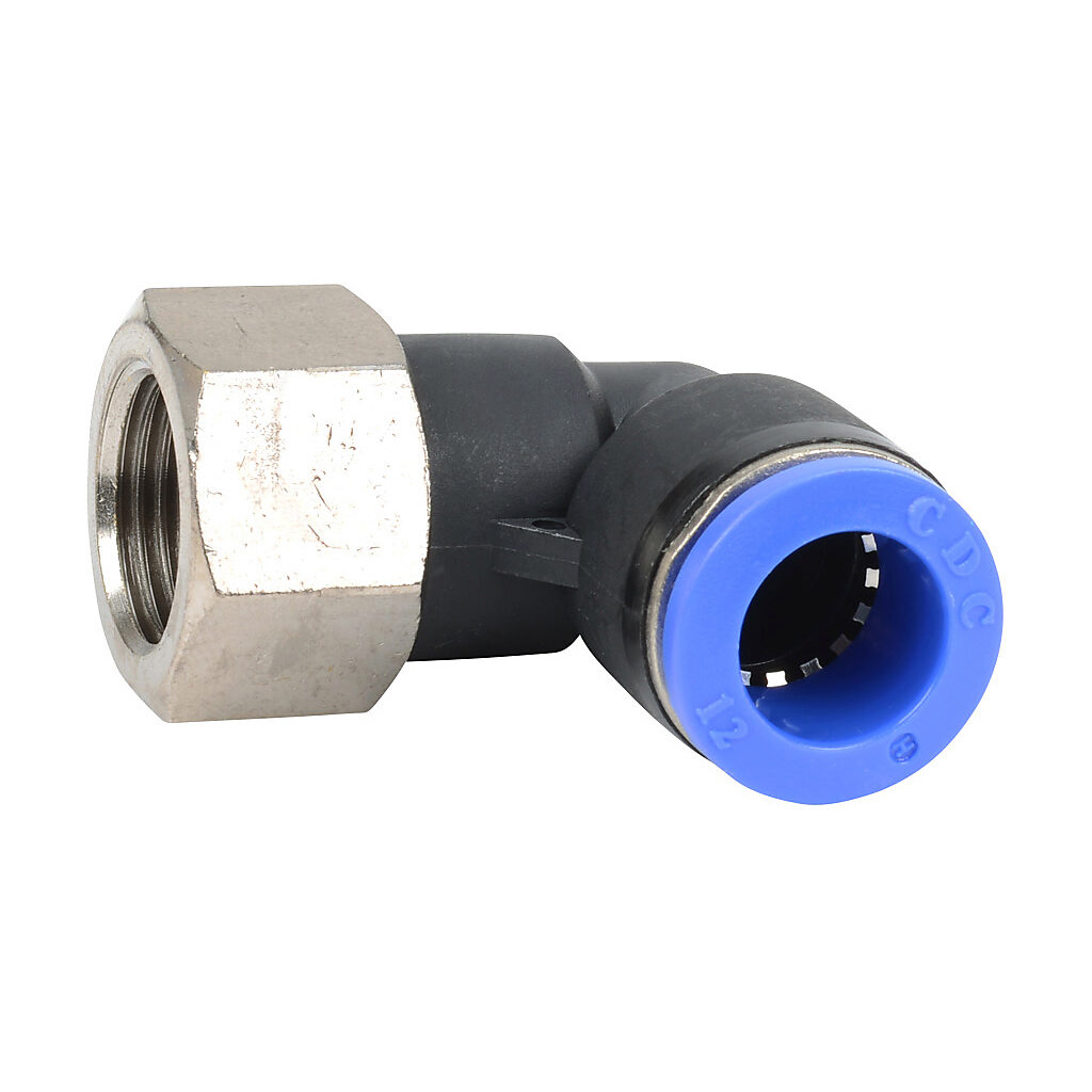 FE12M-38R - NITRA pneumatic push-to-connect fitting, elbow, rotating, thermoplastic (PBT) body, nickel-plated brass threads, (1) R3/8 female BSPT to (1) 12mm push-to-connect. Package of 5.