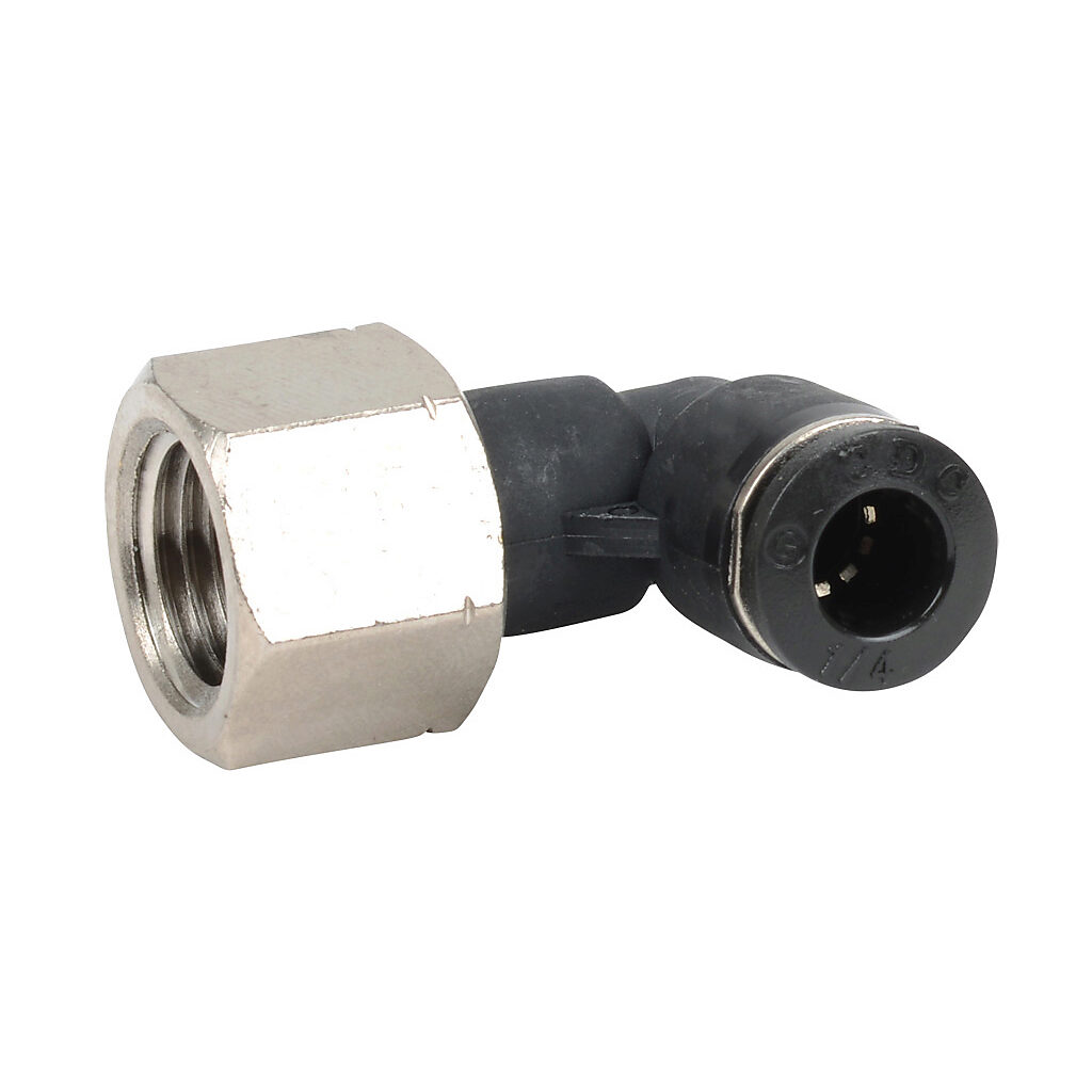 FE14-14N - NITRA pneumatic push-to-connect fitting, elbow, rotating, thermoplastic (PBT) body, nickel-plated brass threads, (1) 1/4in female NPT to (1) 1/4in push-to-connect. Package of 5.