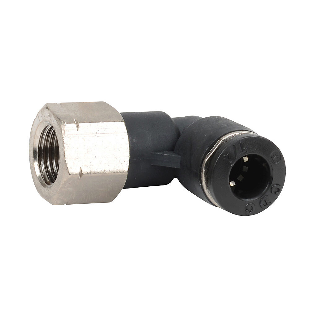 FE14-18N - NITRA pneumatic push-to-connect fitting, elbow, rotating, thermoplastic (PBT) body, nickel-plated brass threads, (1) 1/8in female NPT to (1) 1/4in push-to-connect. Package of 5.