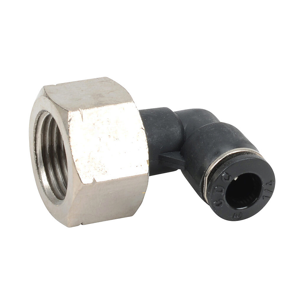 FE14-38N - NITRA pneumatic push-to-connect fitting, elbow, rotating, thermoplastic (PBT) body, nickel-plated brass threads, (1) 3/8in female NPT to (1) 1/4in push-to-connect. Package of 5.