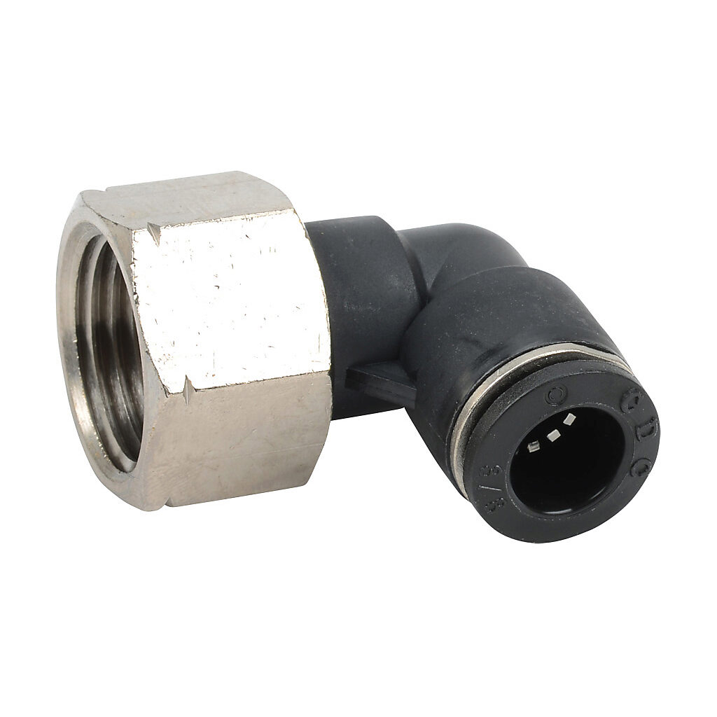 FE38-12N - NITRA pneumatic push-to-connect fitting, elbow, rotating, thermoplastic (PBT) body, nickel-plated brass threads, (1) 1/2in female NPT to (1) 3/8in push-to-connect. Package of 5.