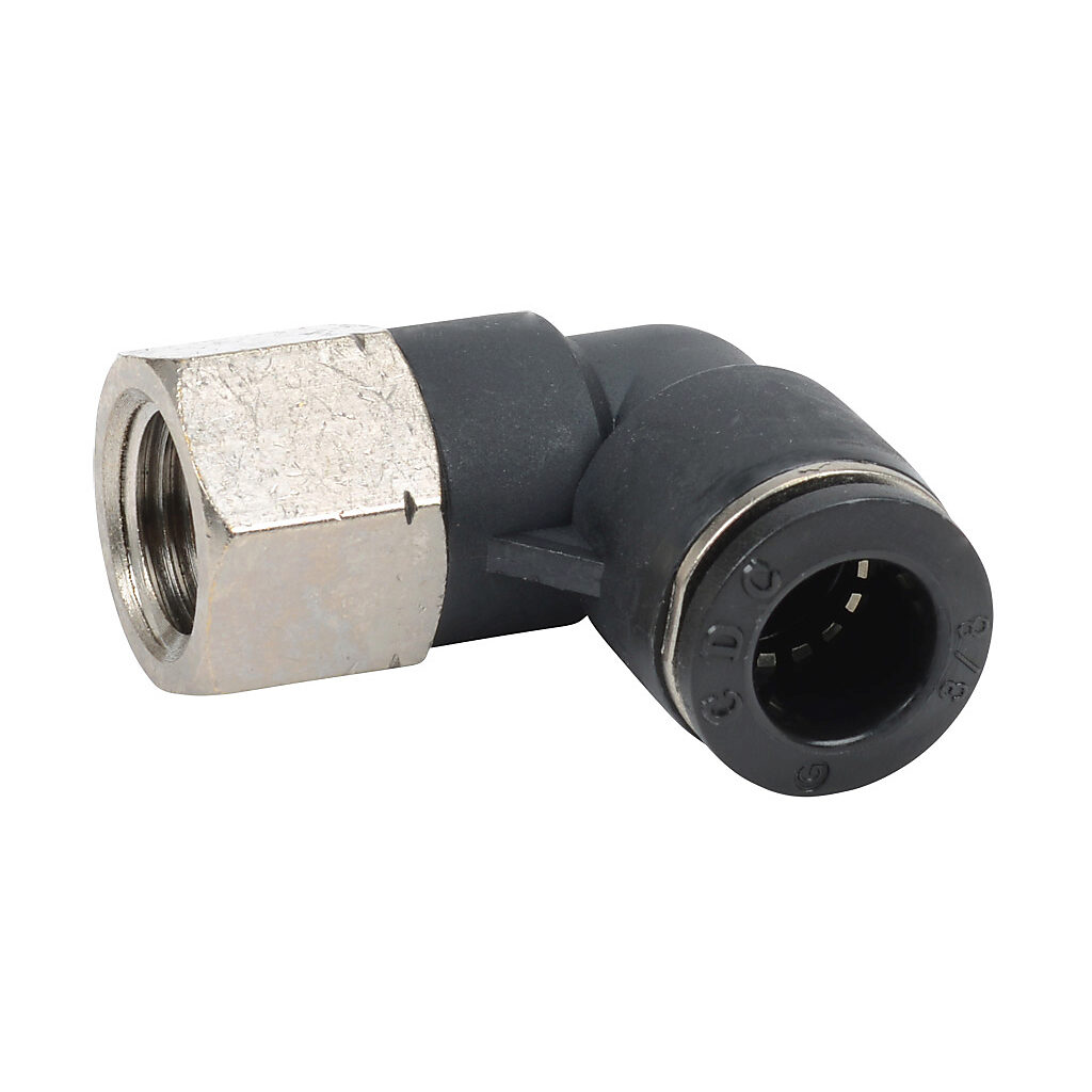 FE38-14N - NITRA pneumatic push-to-connect fitting, elbow, rotating, thermoplastic (PBT) body, nickel-plated brass threads, (1) 1/4in female NPT to (1) 3/8in push-to-connect. Package of 5.