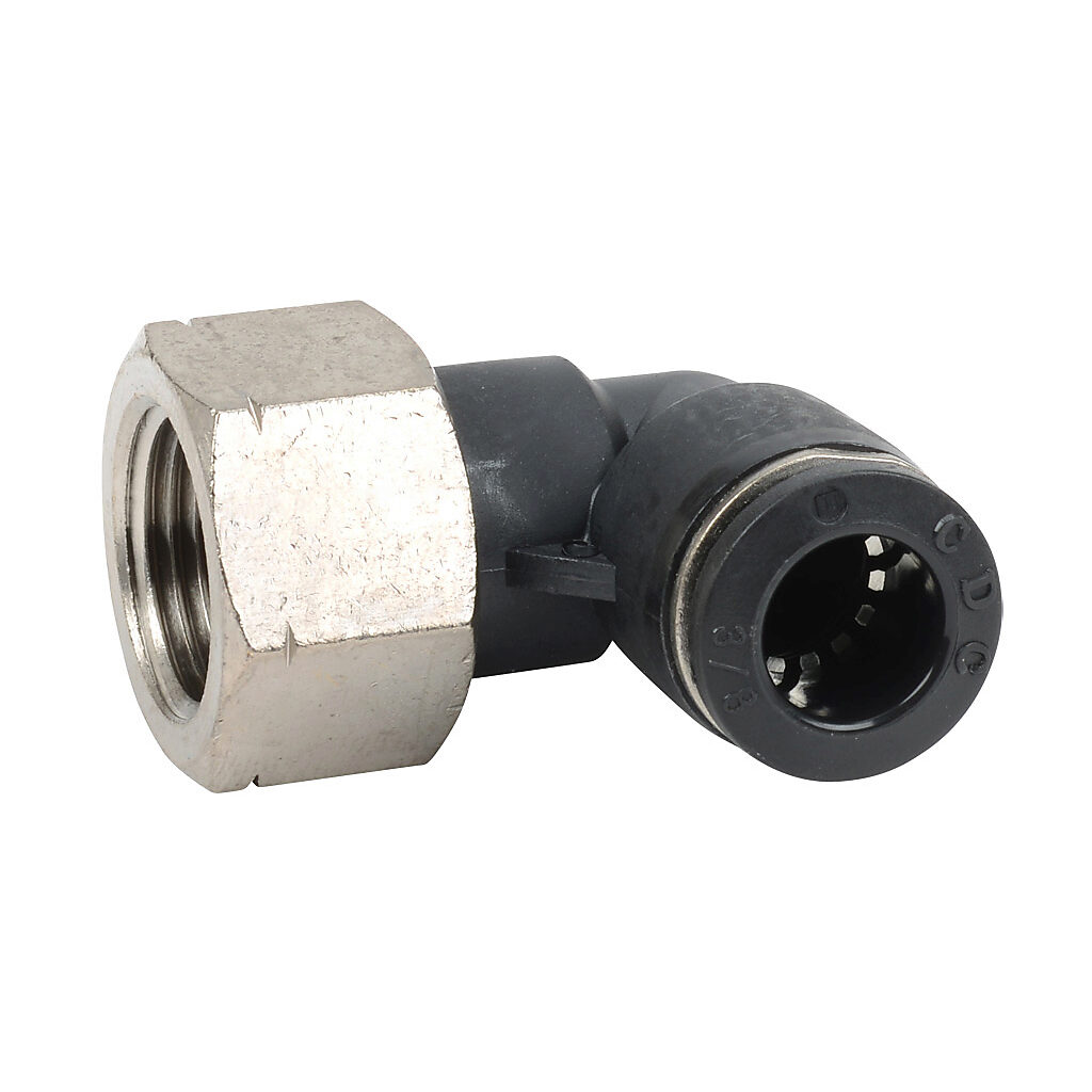 FE38-38N - NITRA pneumatic push-to-connect fitting, elbow, rotating, thermoplastic (PBT) body, nickel-plated brass threads, (1) 3/8in female NPT to (1) 3/8in push-to-connect. Package of 5.