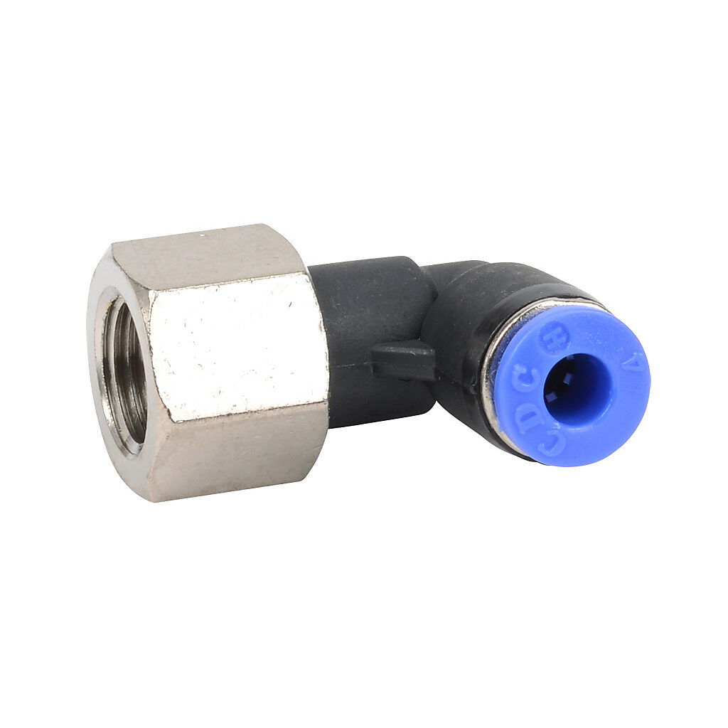 FE4M-18R - NITRA pneumatic push-to-connect fitting, elbow, rotating, thermoplastic (PBT) body, nickel-plated brass threads, (1) R1/8 female BSPT to (1) 5/32in (4mm) push-to-connect. Package of 5.