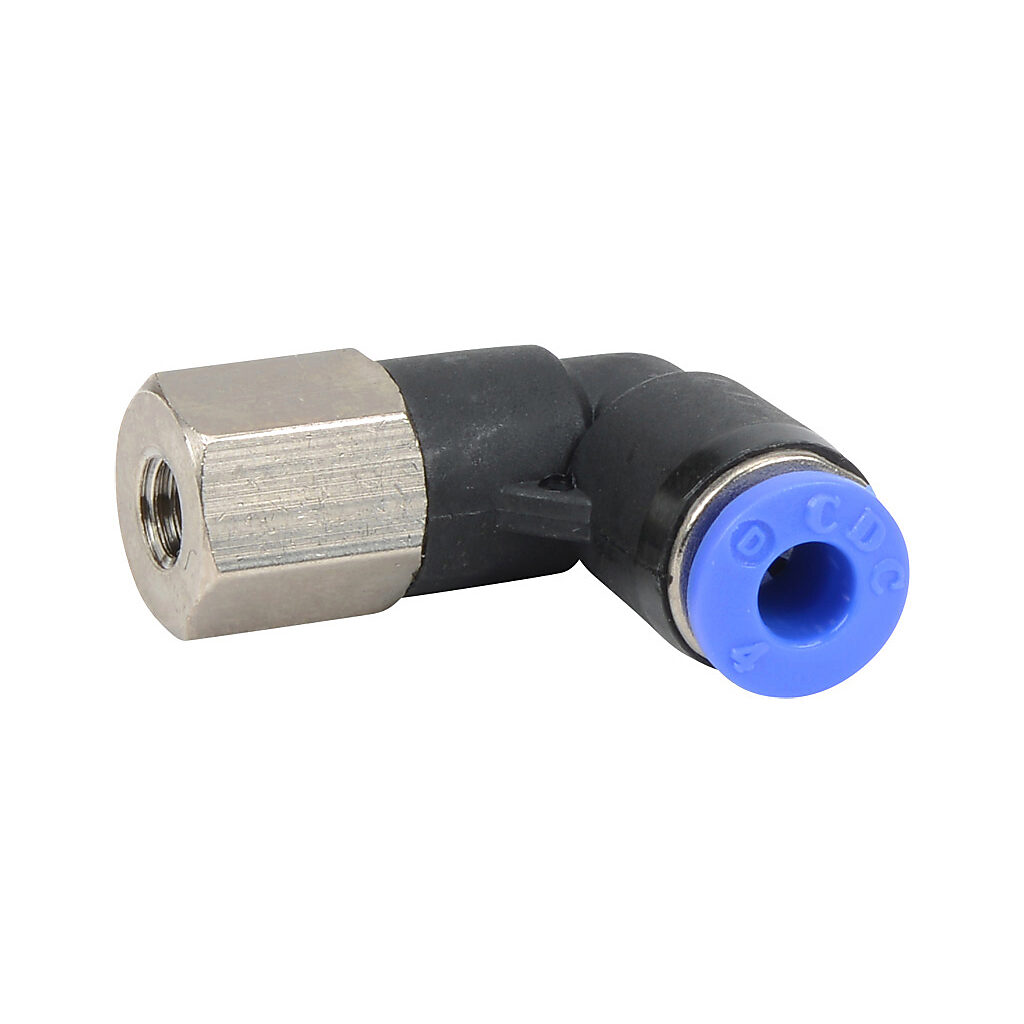 FE4M-M5 - NITRA pneumatic push-to-connect fitting, elbow, rotating, thermoplastic (PBT) body, nickel-plated brass threads, Buna-N O-ring seal(s), (1) M5 x 0.8 female ISO to (1) 5/32in (4mm) push-to-connect. Package of 5.