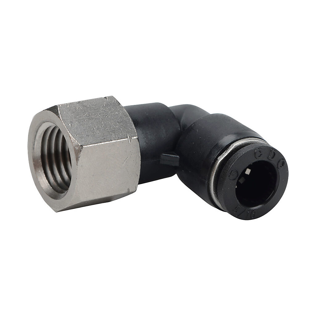 FE516-14N - NITRA pneumatic push-to-connect fitting, elbow, rotating, thermoplastic (PBT) body, nickel-plated brass threads, (1) 1/4in female NPT to (1) 5/16in (8mm) push-to-connect. Package of 5.