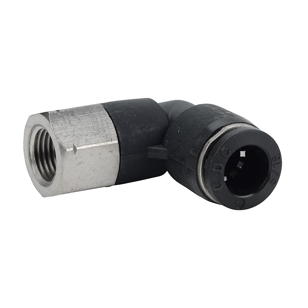 FE516-18N - NITRA pneumatic push-to-connect fitting, elbow, rotating, thermoplastic (PBT) body, nickel-plated brass threads, (1) 1/8in female NPT to (1) 5/16in (8mm) push-to-connect. Package of 5.