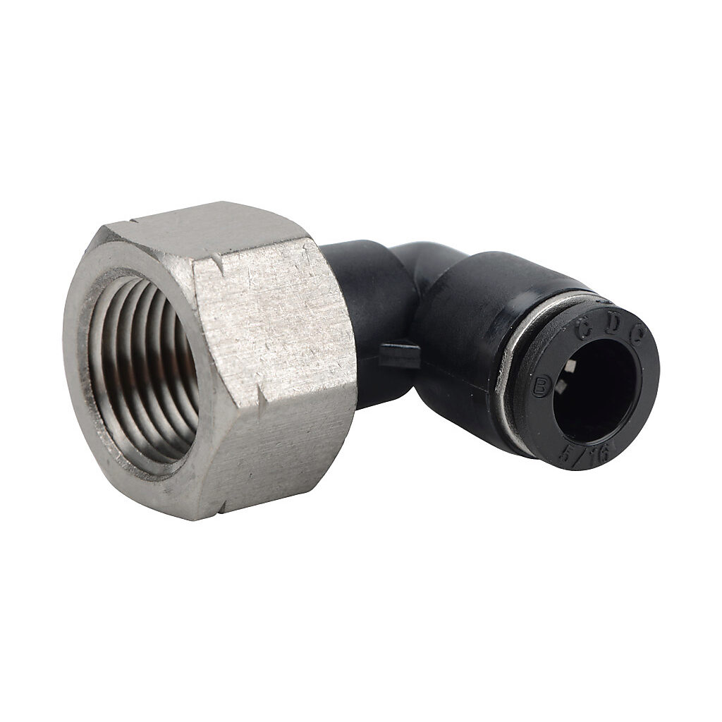FE516-38N - NITRA pneumatic push-to-connect fitting, elbow, rotating, thermoplastic (PBT) body, nickel-plated brass threads, (1) 3/8in female NPT to (1) 5/16in (8mm) push-to-connect. Package of 5.