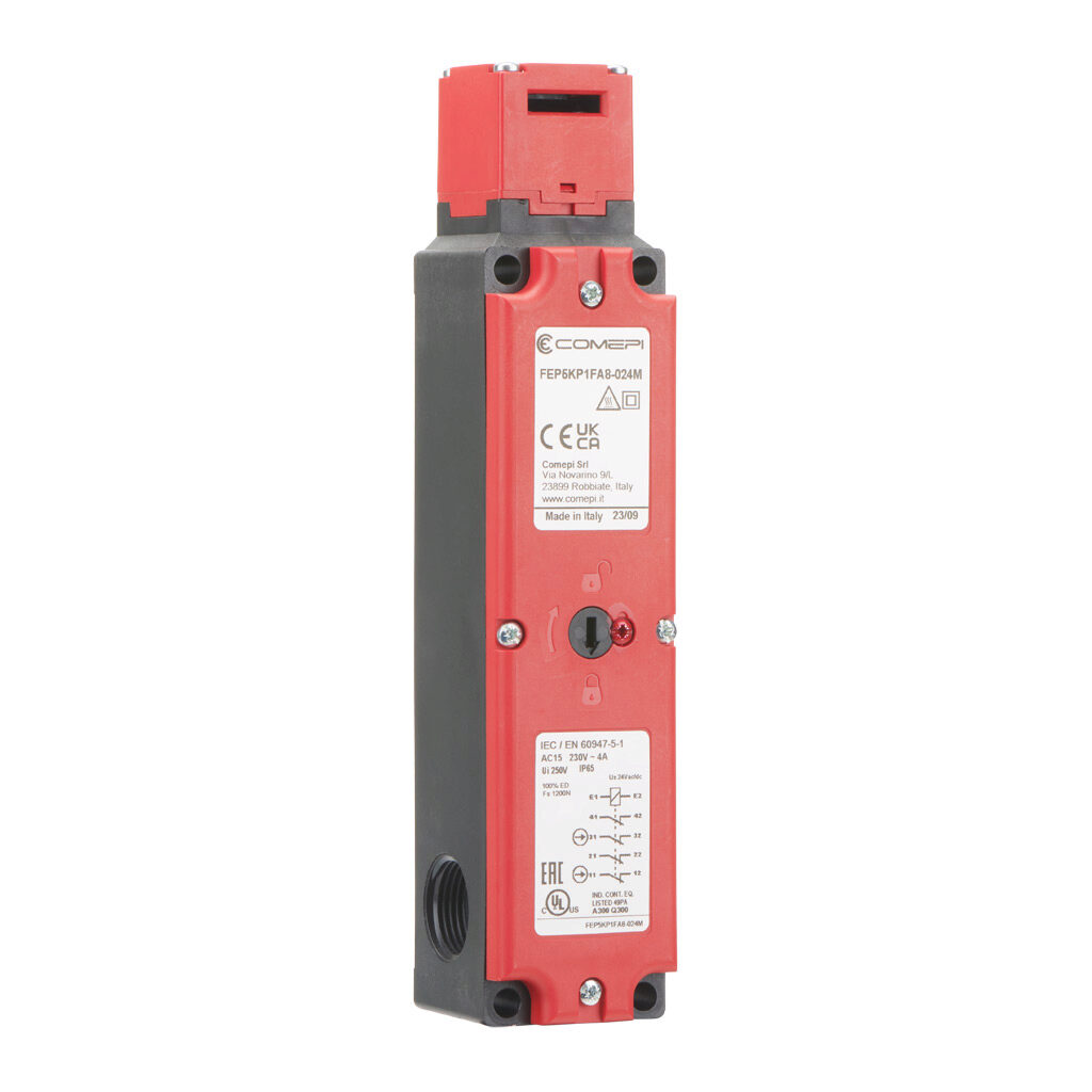 FEP5KP1FA8-024M - Comepi safety switch, tongue (key) interlock, solenoid, 24 VAC/VDC to unlock, 90-degree adjustable head, 1200N holding force, (4) N.C. safety output(s), thermoplastic body, (3) M20 x 1.5mm cable entries.