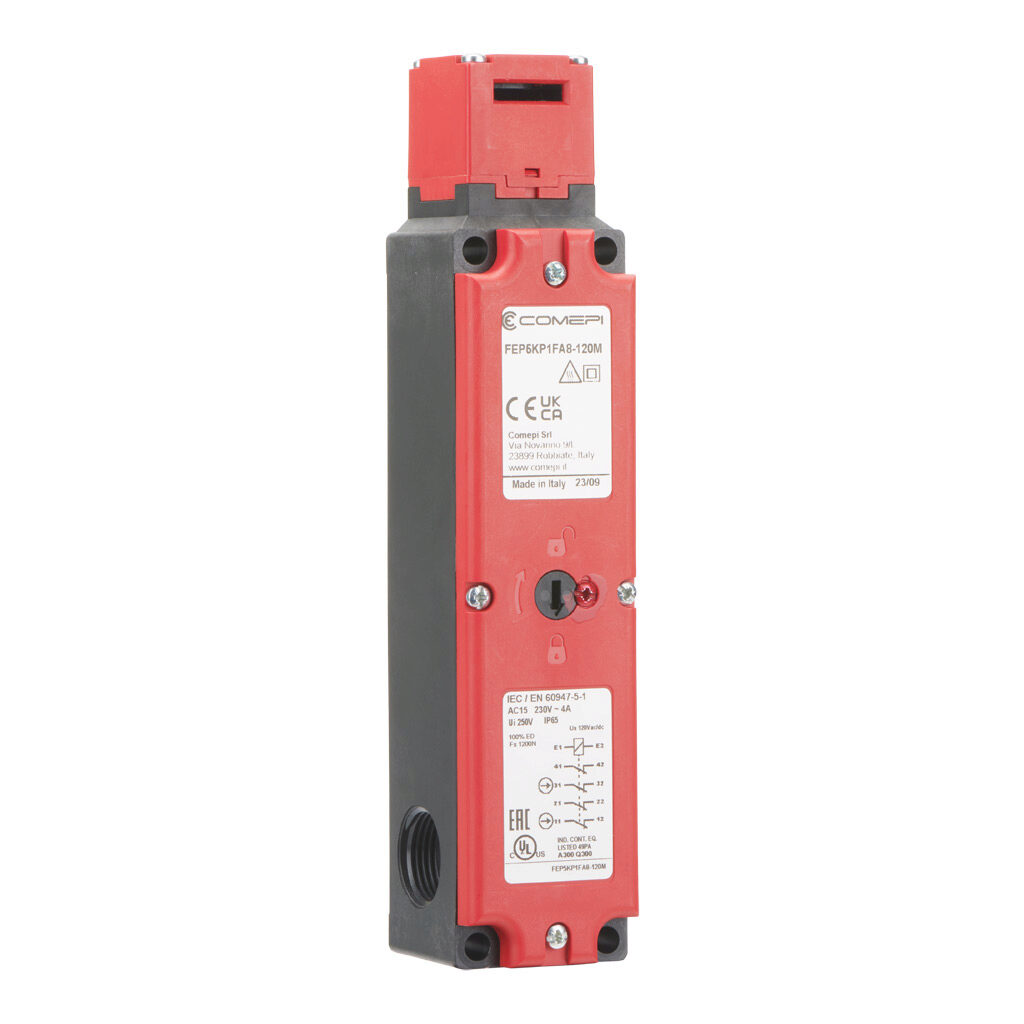 FEP5KP1FA8-120M - Comepi safety switch, tongue (key) interlock, solenoid, 120 VAC to unlock, 90-degree adjustable head, 1200N holding force, (4) N.C. safety output(s), thermoplastic body, (3) M20 x 1.5mm cable entries.