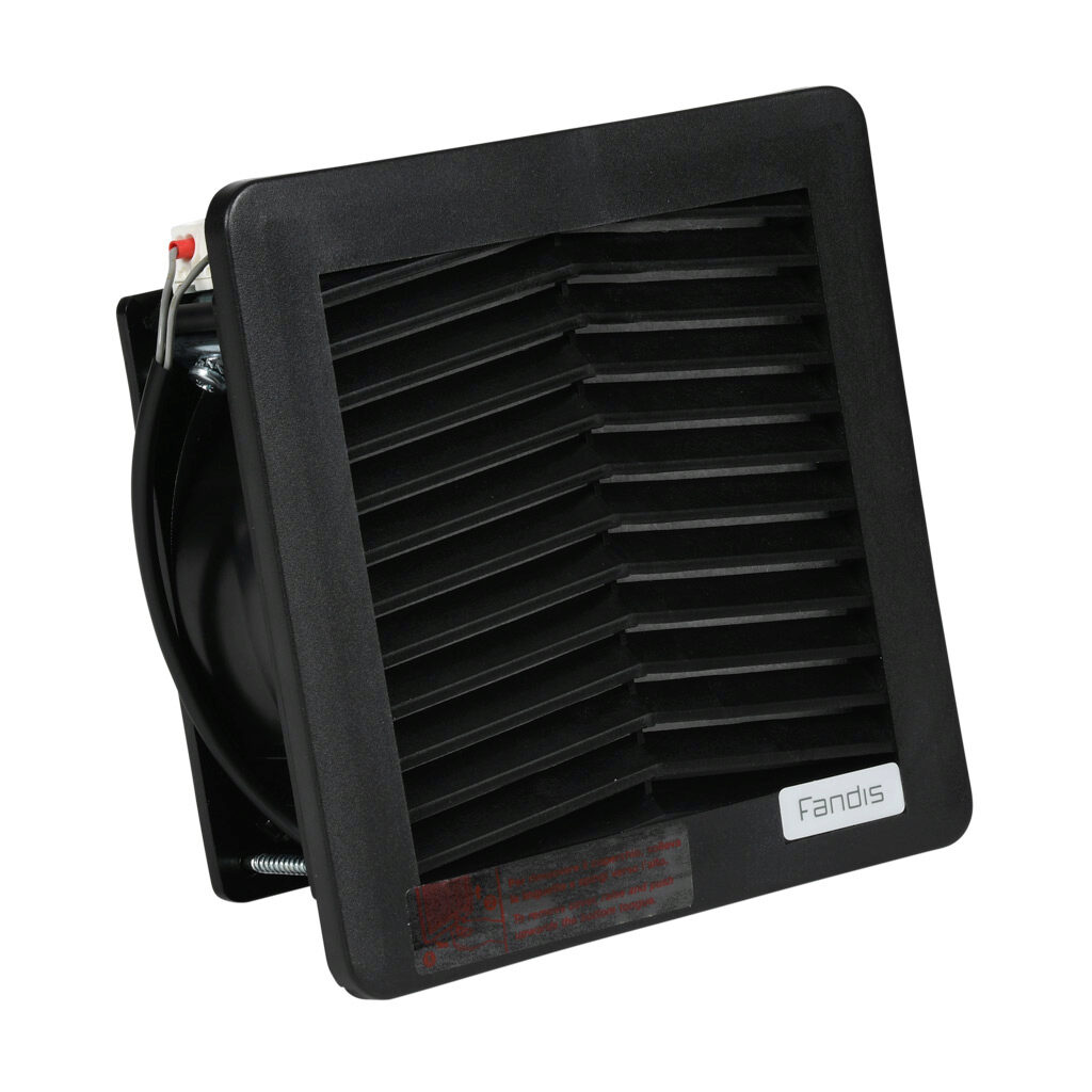 FF12A115NF53 - Fandis Virdis series intake fan, side mount, 23 CFM, 115 VAC operating voltage, G4 (coarse) filter mat, NEMA 3R, safe for outdoor use, 4.92 x 4.92in enclosure cutout, RAL 9005 black.