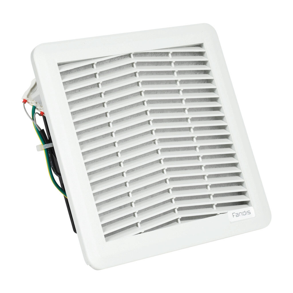 FF13PA115UF - Fandis Virdis series intake fan, side mount, 65 CFM, 115 VAC operating voltage, G3 (coarse) filter mat, NEMA 12, indoor use only, 6.97 x 6.97in enclosure cutout, RAL 7035 light gray.