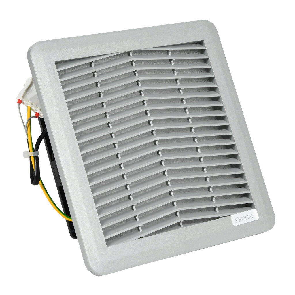 FF13PA115ZF - Fandis Virdis series intake fan, side mount, 65 CFM, 115 VAC operating voltage, G3 (coarse) filter mat, NEMA 12, indoor use only, 6.97 x 6.97in enclosure cutout, ANSI 61 gray.