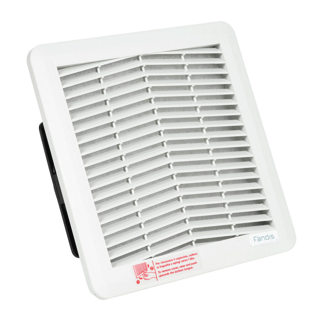 FF13PA230UF - Fandis Virdis series intake fan, side mount, 65 CFM, 230 VAC operating voltage, G3 (coarse) filter mat, NEMA 12, indoor use only, 6.97 x 6.97in enclosure cutout, RAL 7035 light gray.