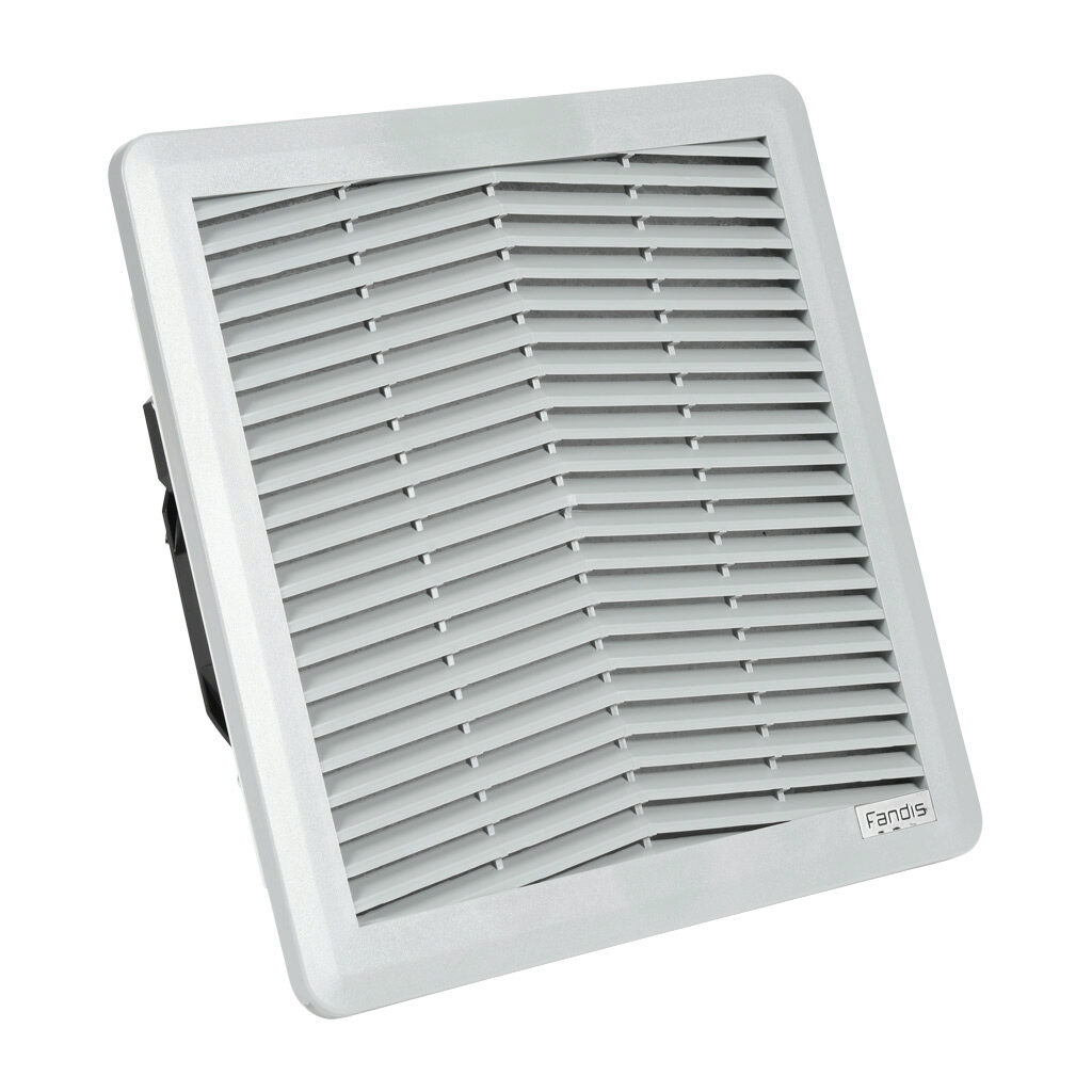 FF15A115ZN2 - Fandis Virdis series intake fan, side mount, 155 CFM, 115 VAC operating voltage, G3 (coarse) filter mat, NEMA 12, indoor use only, 8.78 x 8.78in enclosure cutout, ANSI 61 gray.