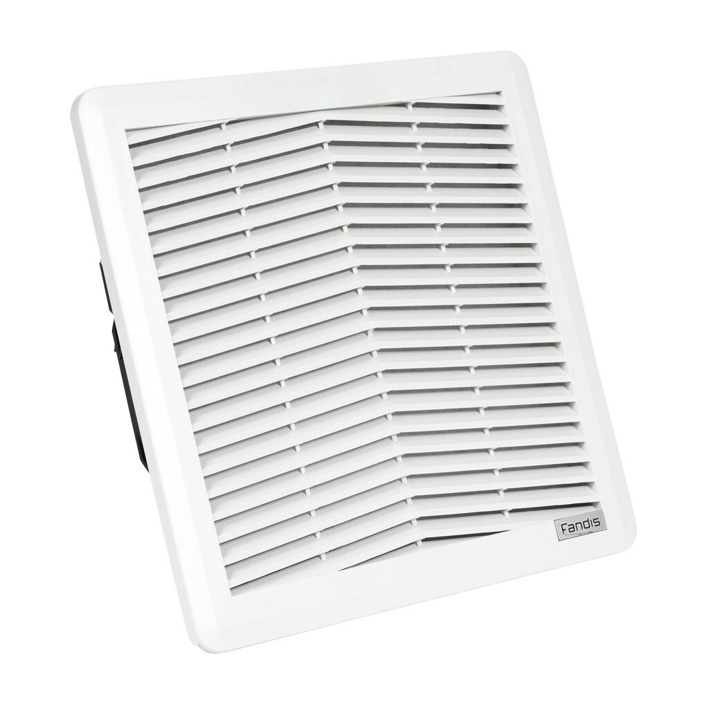 FF15A230UN2 - Fandis Virdis series intake fan, side mount, 159 CFM, 230 VAC operating voltage, G3 (coarse) filter mat, NEMA 12, indoor use only, 8.78 x 8.78in enclosure cutout, RAL 7035 light gray.