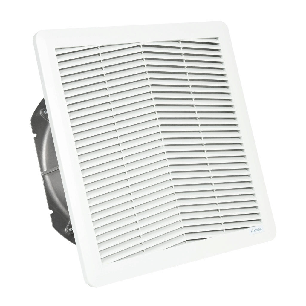 FF20A115UE1 - Fandis Virdis series intake fan, side mount, 297 CFM, 115 VAC operating voltage, G3 (coarse) filter mat, NEMA 12, indoor use only, 11.46 x 11.46in enclosure cutout, RAL 7035 light gray.
