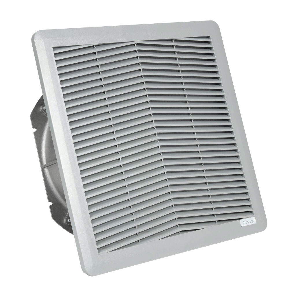 FF20A115ZE1 - Fandis Virdis series intake fan, side mount, 297 CFM, 115 VAC operating voltage, G3 (coarse) filter mat, NEMA 12, indoor use only, 11.46 x 11.46in enclosure cutout, ANSI 61 gray.