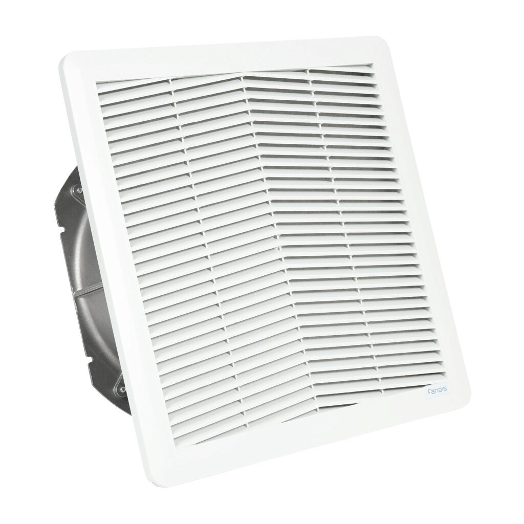 FF20A230UE1 - Fandis Virdis series intake fan, side mount, 297 CFM, 230 VAC operating voltage, G3 (coarse) filter mat, NEMA 12, indoor use only, 11.46 x 11.46in enclosure cutout, RAL 7035 light gray.