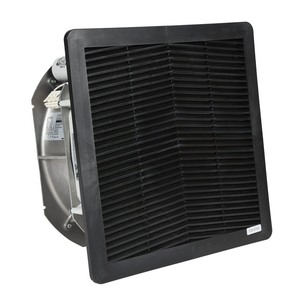 FF20GA115NE31 - Fandis Virdis series intake fan, side mount, 436 CFM, 115 VAC operating voltage, G3 (coarse) filter mat, NEMA 3R, safe for outdoor use, 11.46 x 11.46in enclosure cutout, RAL 9005 black.