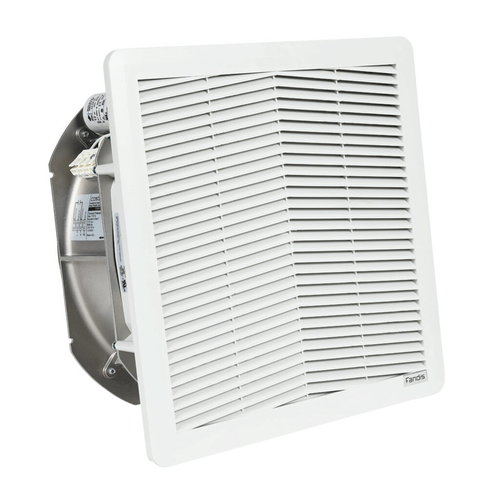 FF20GA115UE1 - Fandis Virdis series intake fan, side mount, 436 CFM, 115 VAC operating voltage, G3 (coarse) filter mat, NEMA 12, indoor use only, 11.46 x 11.46in enclosure cutout, RAL 7035 light gray.