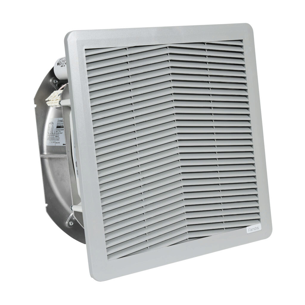 FF20GA115ZE1 - Fandis Virdis series intake fan, side mount, 436 CFM, 115 VAC operating voltage, G3 (coarse) filter mat, NEMA 12, indoor use only, 11.46 x 11.46in enclosure cutout, ANSI 61 gray.