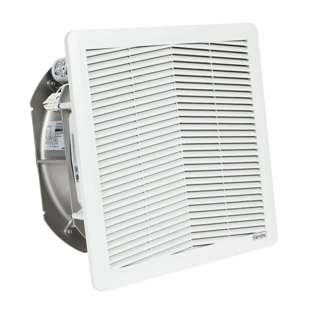 FF20GA230UE1 - Fandis Virdis series intake fan, side mount, 450 CFM, 230 VAC operating voltage, G3 (coarse) filter mat, NEMA 12, indoor use only, 11.46 x 11.46in enclosure cutout, RAL 7035 light gray.