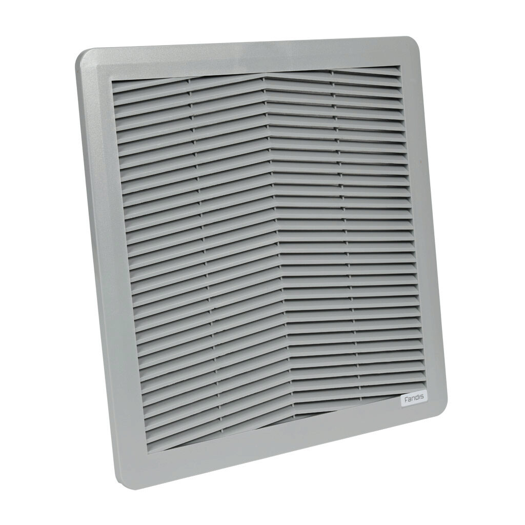 FF20Z - Fandis Virdis series grille, side mount, G3 (coarse) filter mat, NEMA 12, 11.46 x 11.46in enclosure cutout, ANSI 61 gray.