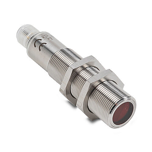 FFRP-BN-1E - AutomationDirect photoelectric sensor, tubular, threaded, polarized retroreflective, visible red, 4m sensing distance, complementary light-on/dark-on, NPN, 4-wire, 4-pin M12 quick-disconnect.
