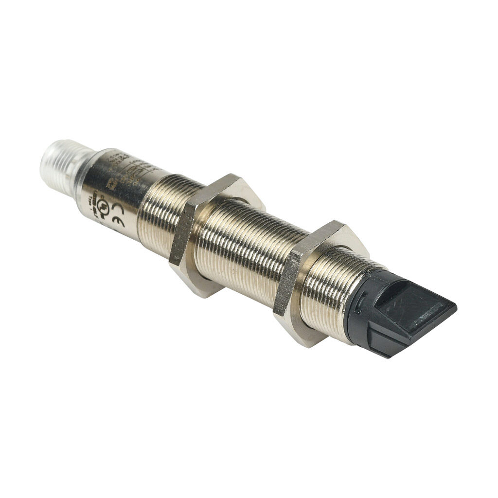 FKL4-BN-3E - AchieVe photoelectric sensor, tubular, threaded, diffuse, 90-degree, Class 1 red laser, 0-200mm sensing distance, complementary light-on/dark-on, NPN, 1 kHz switching frequency, 18mm diameter x 60mm body, nickel-plated brass, 4-pin M1...