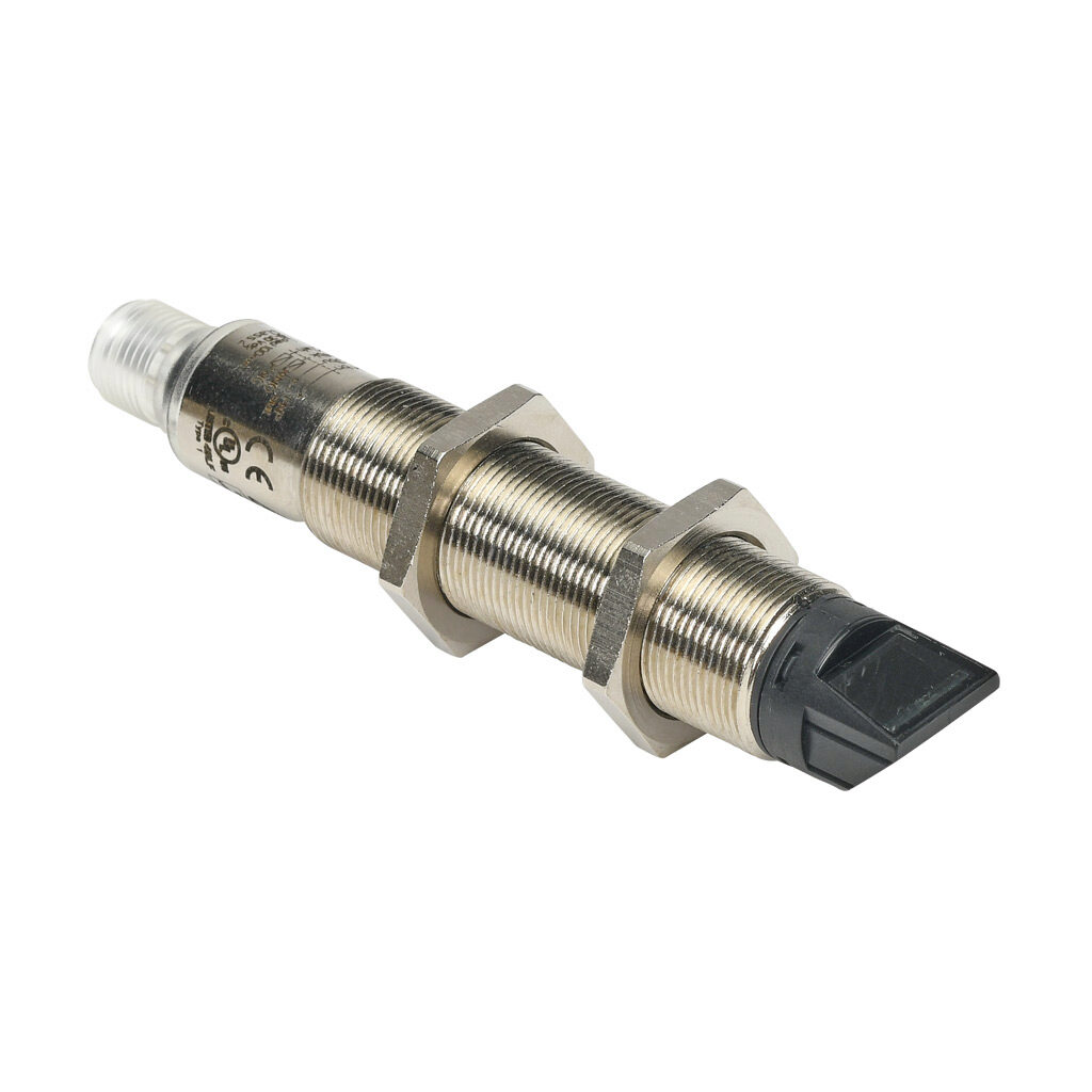 FKL4-BP-3E - AchieVe photoelectric sensor, tubular, threaded, diffuse, 90-degree, Class 1 red laser, 0-200mm sensing distance, complementary light-on/dark-on, PNP, 1 kHz switching frequency, 18mm diameter x 60mm body, nickel-plated brass, 4-pin M1...