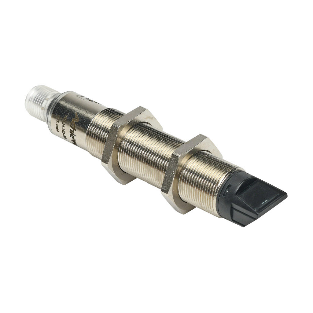 FKLH-X0-3E - AchieVe photoelectric sensor, tubular, threaded, through-beam emitter, 90-degree, Class 1 red laser, 0.05-50m sensing distance, 10-30 VDC operating voltage, 18mm diameter x 60mm body, nickel-plated brass, 3-wire, 4-pin M12 quick-disco...