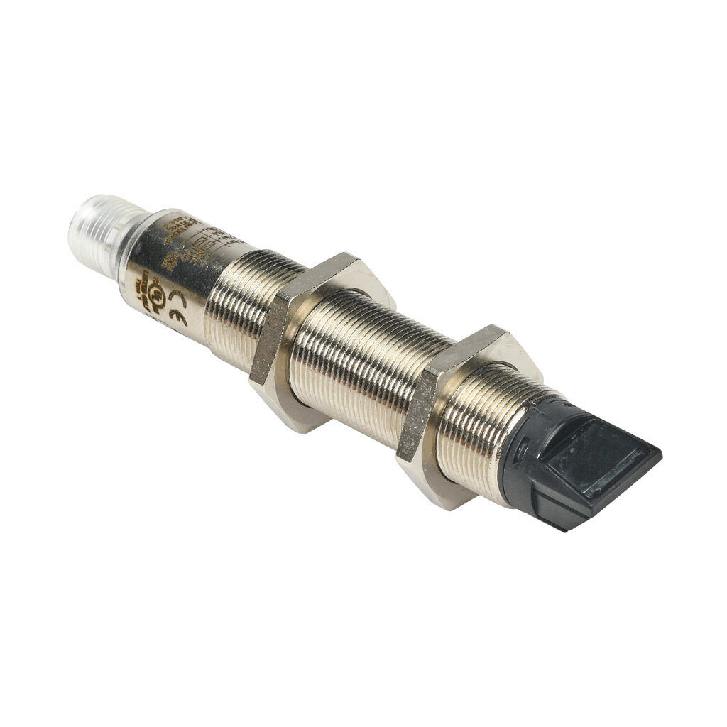 FKLN-BN-3E - AchieVe photoelectric sensor, tubular, threaded, polarized retroreflective, 90-degree, Class 1 red laser, 0.05-30m sensing distance, complementary light-on/dark-on, NPN, pushbutton, 4-wire, 4-pin M12 quick-disconnect.