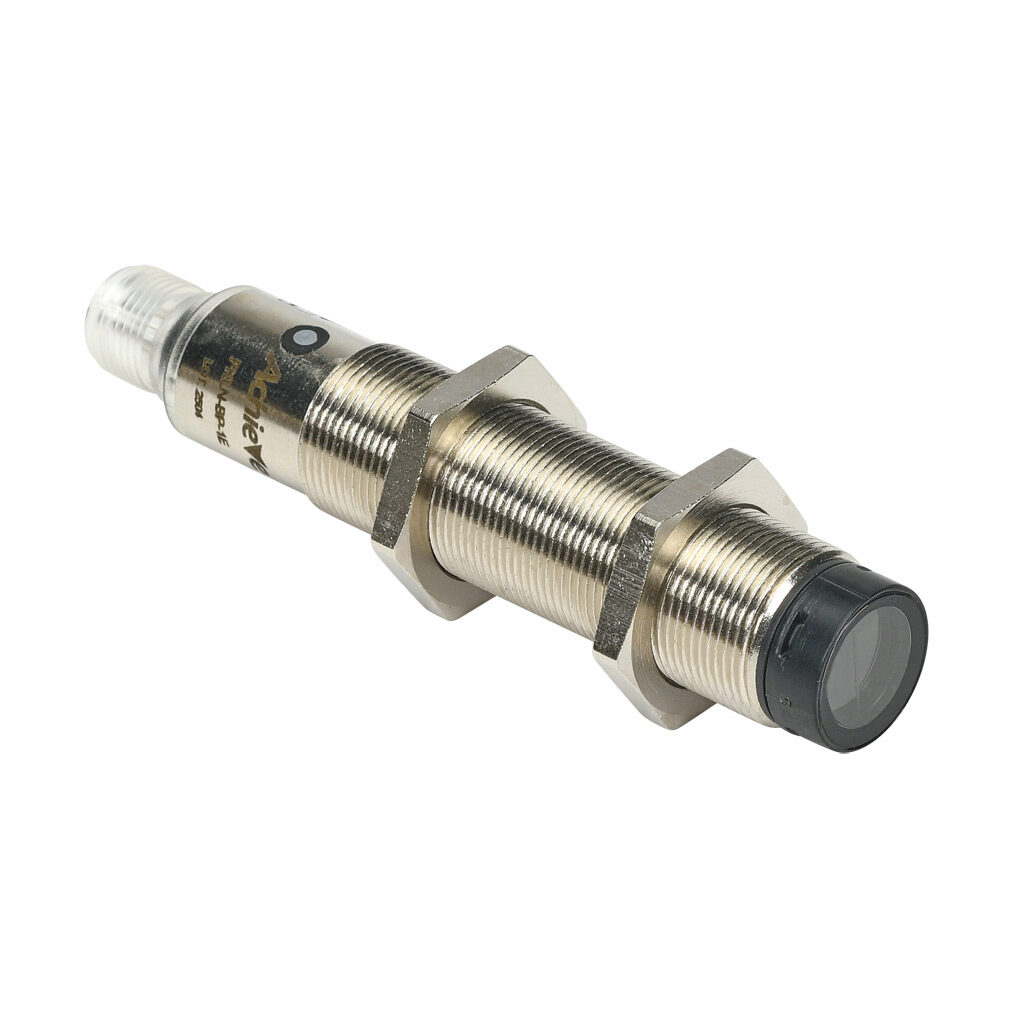 FKLN-BP-1E - AchieVe photoelectric sensor, tubular, threaded, polarized retroreflective, Class 1 red laser, 0.05-30m sensing distance, complementary light-on/dark-on, PNP, pushbutton, 4-wire, 4-pin M12 quick-disconnect.
