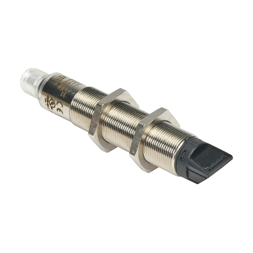 FKLN-BP-3E - AchieVe photoelectric sensor, tubular, threaded, polarized retroreflective, 90-degree, Class 1 red laser, 0.05-30m sensing distance, complementary light-on/dark-on, PNP, sensitivity, 4-wire, 4-pin M12 quick-disconnect.