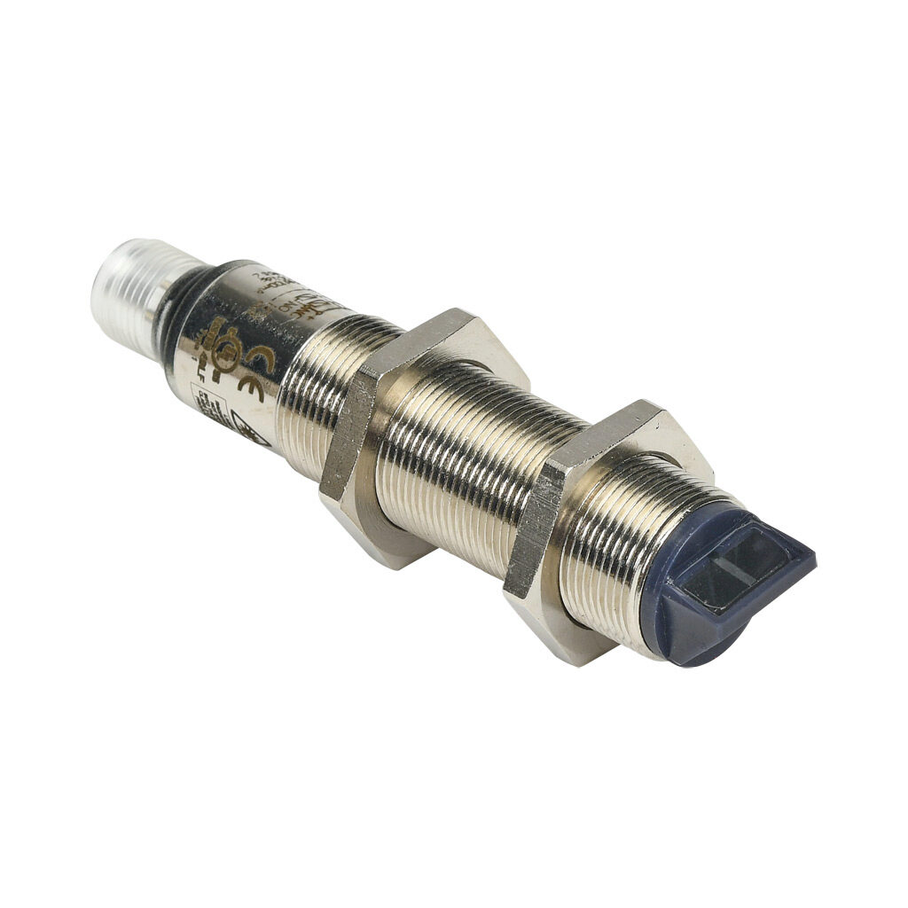 FKLW-BN-3E - AchieVe photoelectric sensor, tubular, threaded, background suppression, 90-degree, Class 2 red laser, 30-130mm sensing distance, complementary light-on/dark-on, NPN, potentiometer, 18mm diameter x 50mm body, nickel-plated brass, 4-pi...