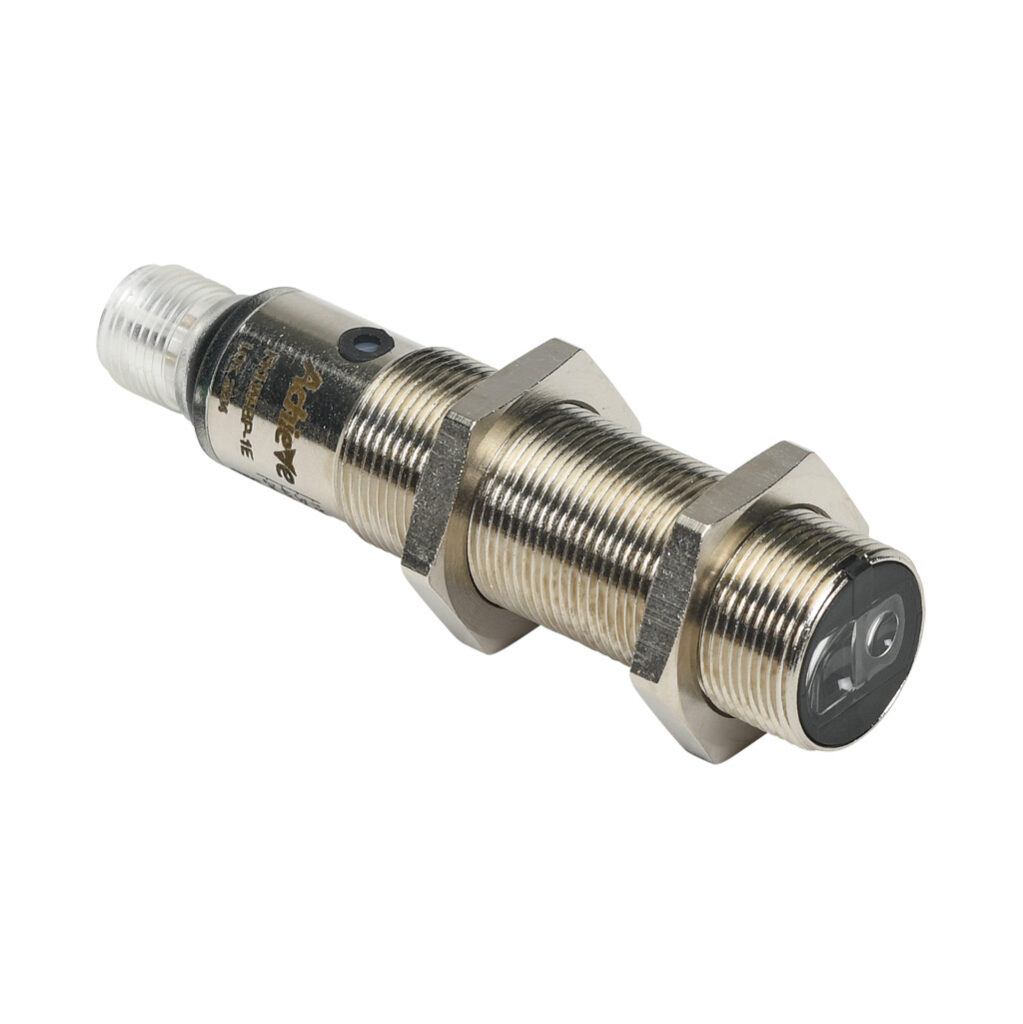 FKLW-BP-1E - AchieVe photoelectric sensor, tubular, threaded, background suppression, Class 2 red laser, 30-150mm sensing distance, complementary light-on/dark-on, PNP, potentiometer, 18mm diameter x 50mm body, nickel-plated brass, 4-pin M12 quick...