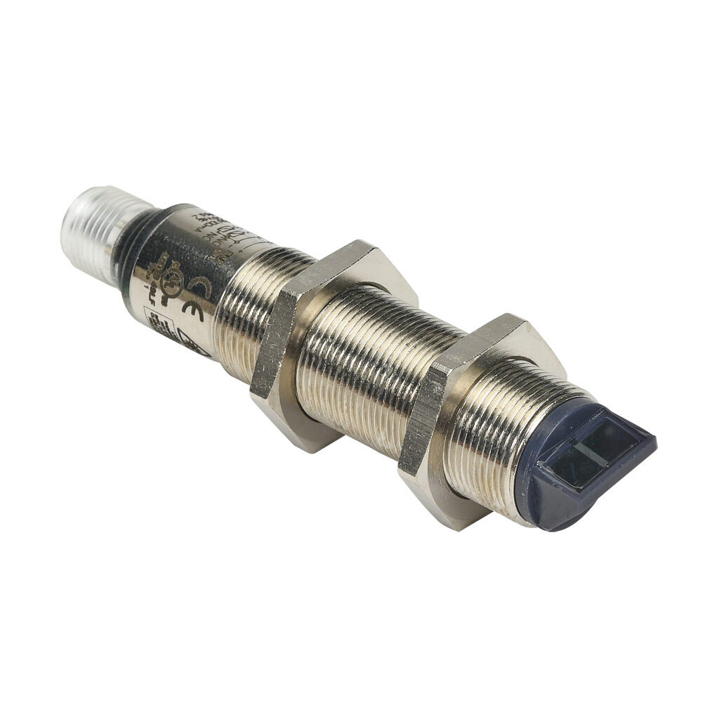 FKLW-BP-3E - AchieVe photoelectric sensor, tubular, threaded, background suppression, 90-degree, Class 2 red laser, 30-130mm sensing distance, complementary light-on/dark-on, PNP, potentiometer, 18mm diameter x 50mm body, nickel-plated brass, 4-pi...