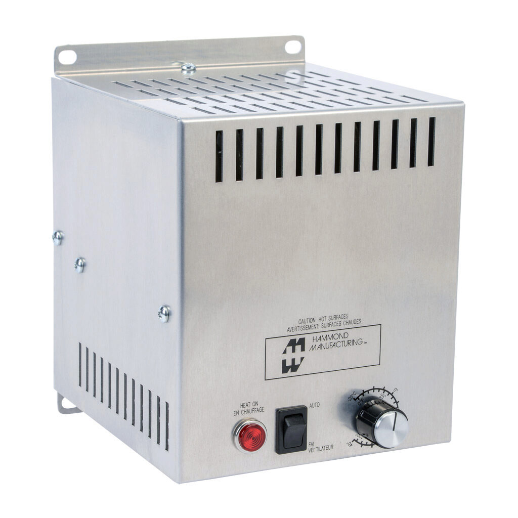 FLHTF1300A115 - Hammond enclosure heater, axial fan, 1300W heating capacity, incoloy tubular heating element, 120 VAC operating voltage, 60 Hz, adjustable thermostat, N.C. (open on rise) 0 to 100 deg F, panel mount.
