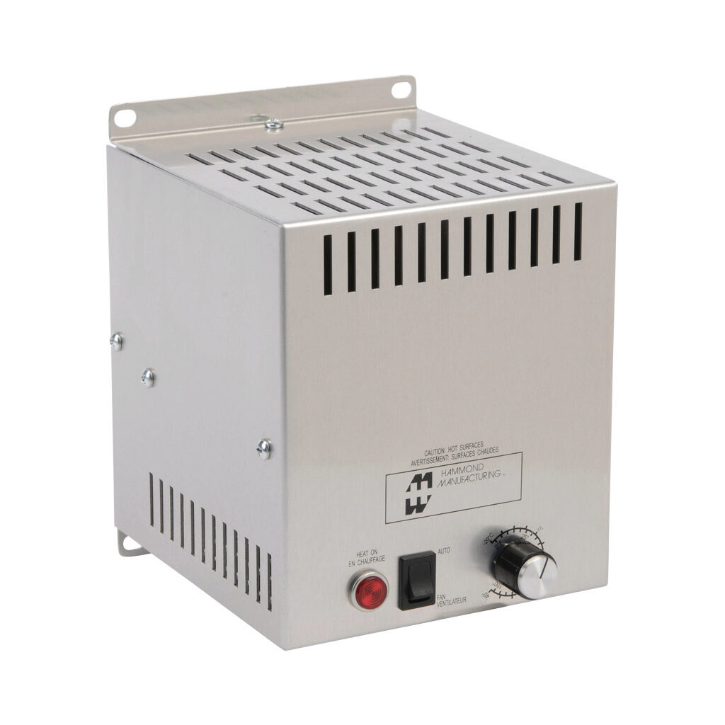 FLHTF1300A230 - Hammond enclosure heater, axial fan, 1080/1300W heating capacity, incoloy tubular heating element, 220-240 VAC operating voltage, 50/60 Hz, adjustable thermostat, N.C. (open on rise) 0 to 100 deg F, panel mount.
