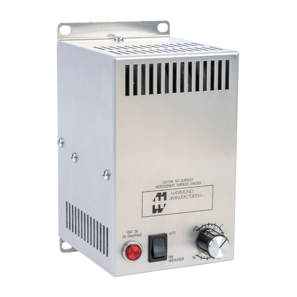 FLHTF800A115 - Hammond enclosure heater, axial fan, 800W heating capacity, incoloy tubular heating element, 120 VAC operating voltage, 60 Hz, adjustable thermostat, N.C. (open on rise) 0 to 100 deg F, panel mount.