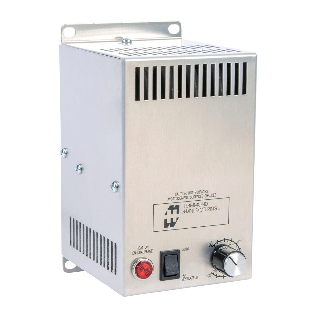 FLHTF800A230 - Hammond enclosure heater, axial fan, 670/800W heating capacity, incoloy tubular heating element, 220-240 VAC operating voltage, 50/60 Hz, adjustable thermostat, N.C. (open on rise) 0 to 100 deg F, panel mount.