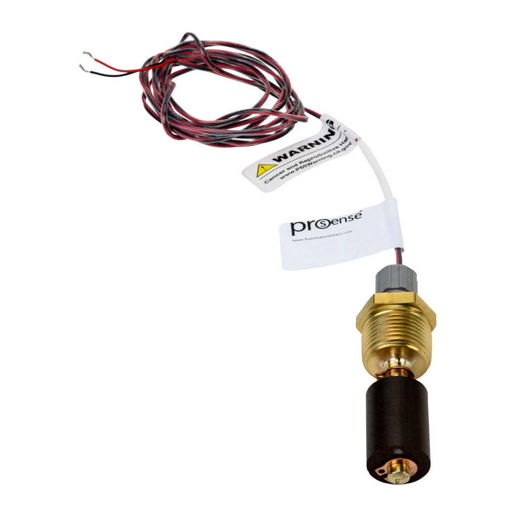 FLS-VD-100 - ProSense float liquid level switch, vertical top mount, 2in insertion length, 0.9in diameter float, Buna-N, brass wetted parts, -40 to 221 deg F, 3/4in male NPT pipe plug process connection, SPST reed switch, N.O.