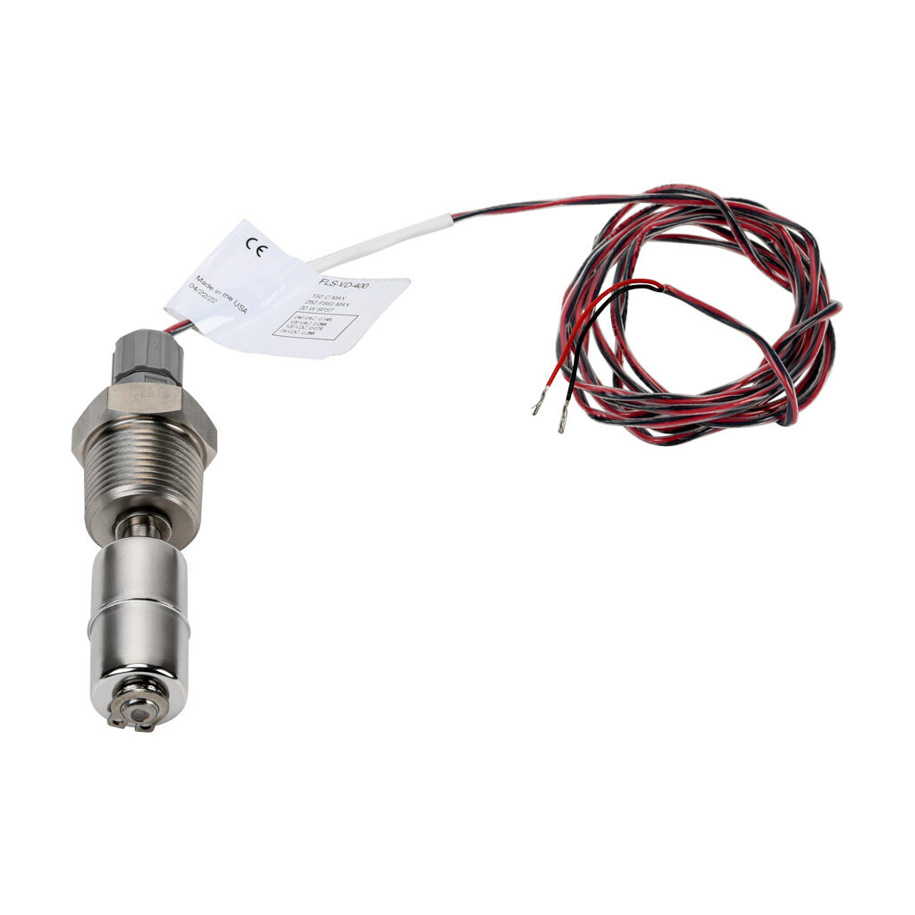 FLS-VD-400 - ProSense float liquid level switch, vertical top mount, 2in insertion length, 0.9in diameter float, 316 stainless steel wetted parts, -40 to 302 deg F, 3/4in male NPT pipe plug process connection, SPST reed switch, N.O.