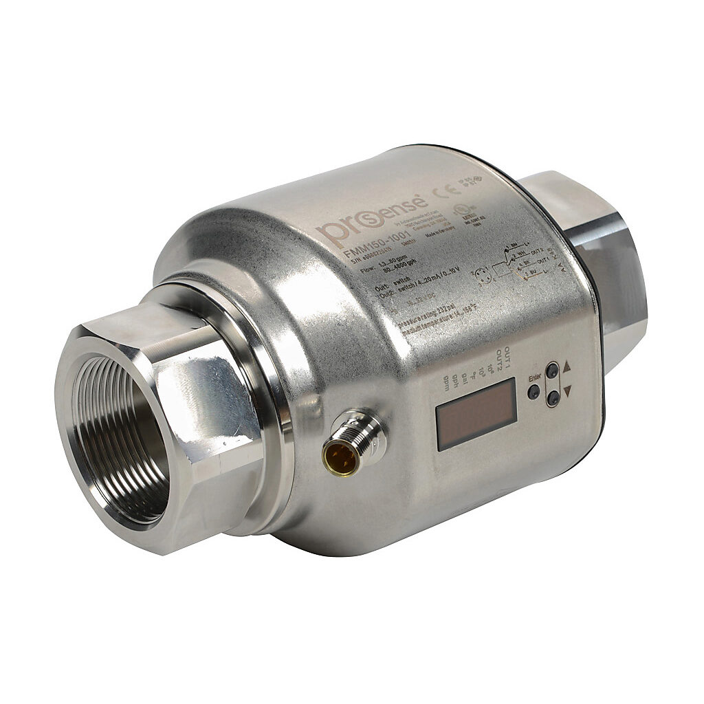 FMM150-1001 - ProSense liquid flow meter, magnetic-inductive, 1-1/2in female NPT, 0 to 80 GPM, -4 to 176 deg F, 0.02 to 80,000,000 gallons, Output: switch, pulse or frequency, Output 2: switch, analog or reset input, FKM seal(s).