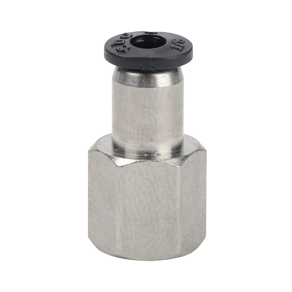FS18-18N - NITRA pneumatic push-to-connect fitting, straight, nickel-plated brass body, nickel-plated brass threads, (1) 1/8in female NPT to (1) 1/8in push-to-connect. Package of 5.