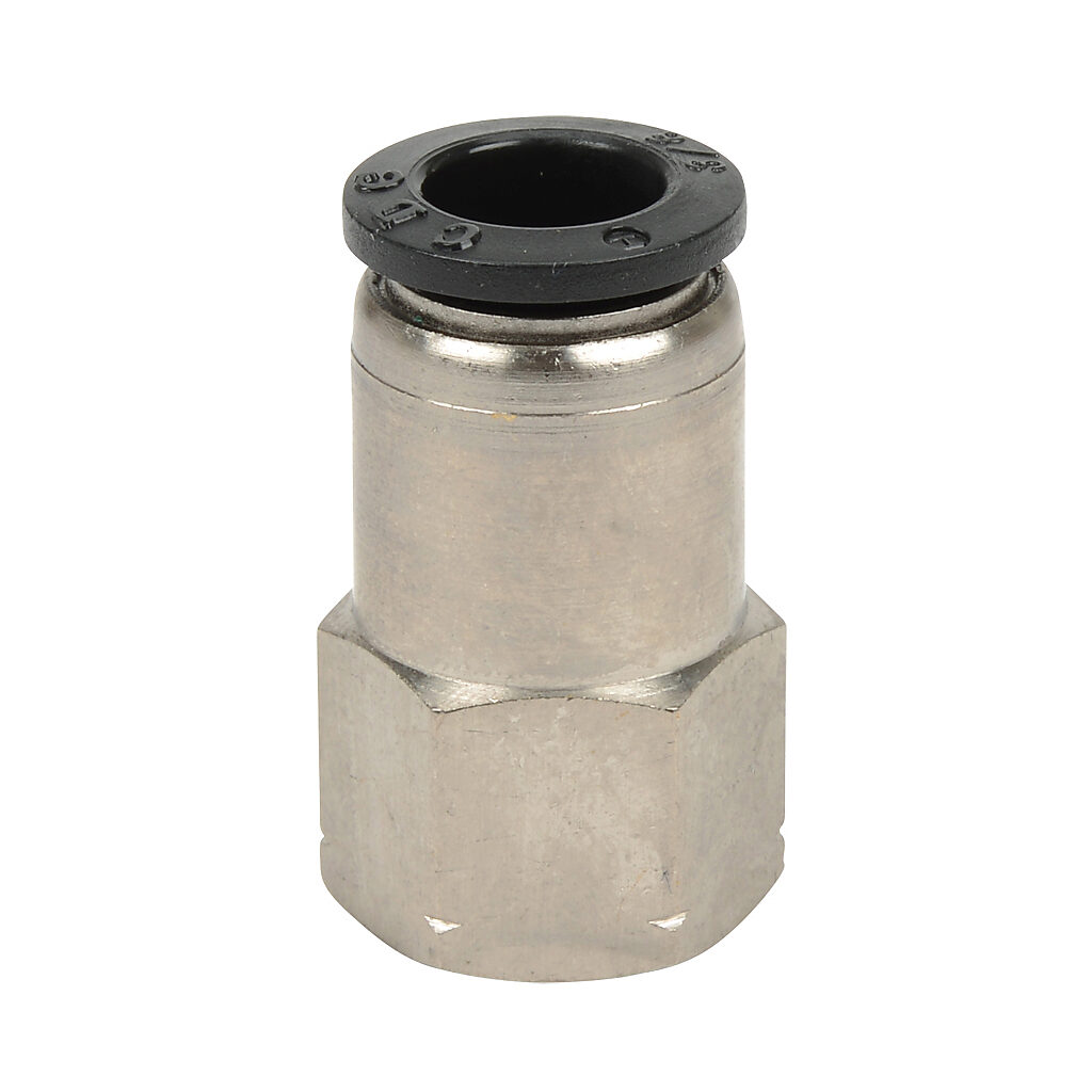 FS38-18N - NITRA pneumatic push-to-connect fitting, straight, nickel-plated brass body, nickel-plated brass threads, (1) 1/8in female NPT to (1) 3/8in push-to-connect. Package of 5.