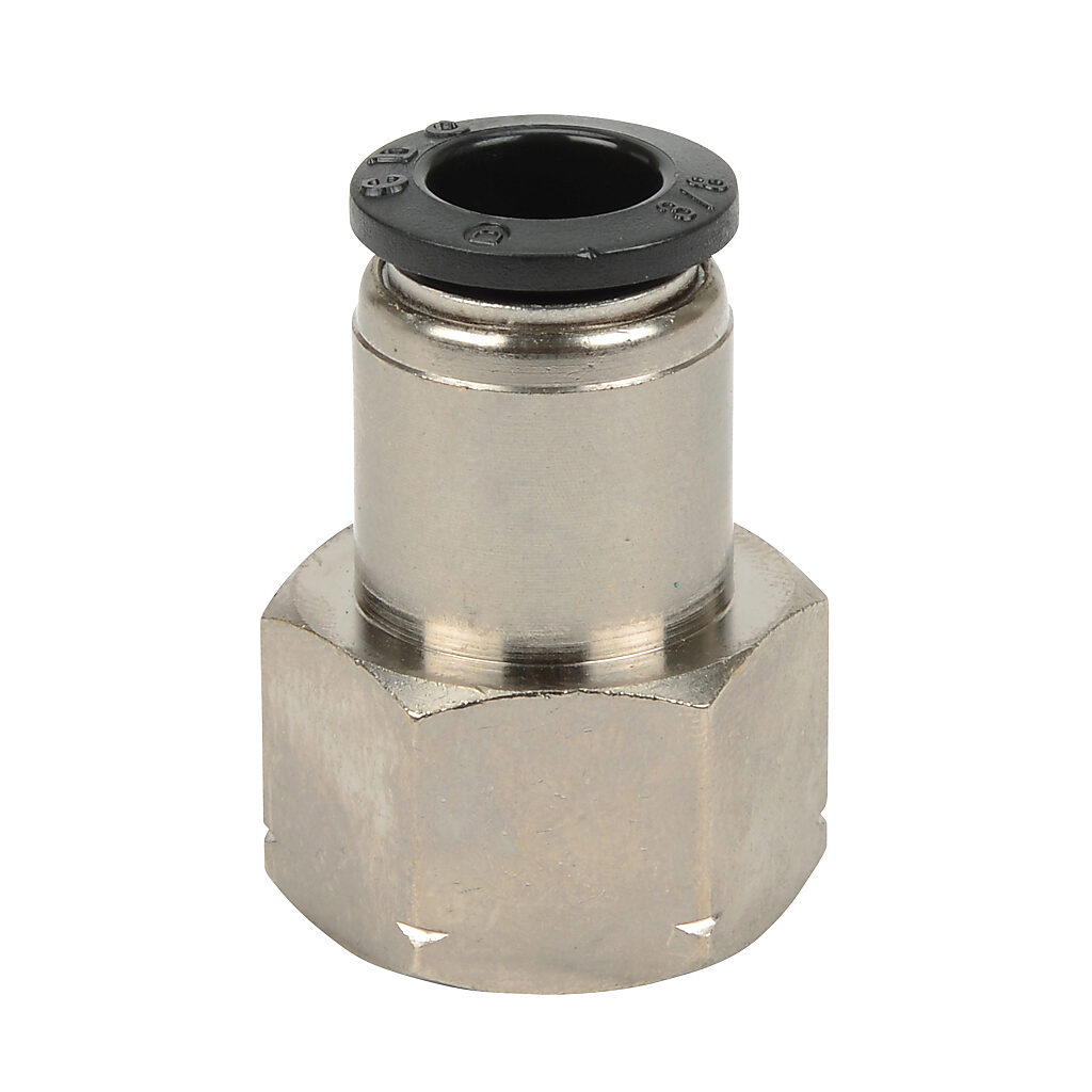 FS38-38N - NITRA pneumatic push-to-connect fitting, straight, nickel-plated brass body, nickel-plated brass threads, (1) 3/8in female NPT to (1) 3/8in push-to-connect. Package of 5.