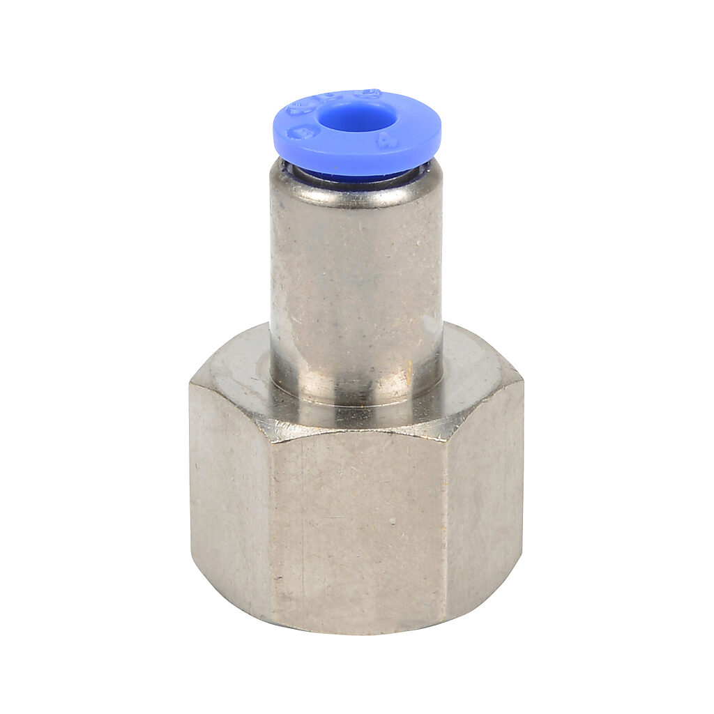 FS4M-14R - NITRA pneumatic push-to-connect fitting, straight, nickel-plated brass body, nickel-plated brass threads, (1) R1/4 female BSPT to (1) 5/32in (4mm) push-to-connect. Package of 5.